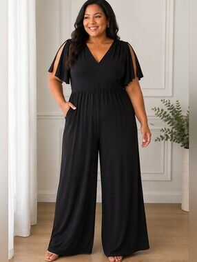 Eliza J Plus Size Black Wide Leg Jumpsuit with Open Shoulder Sleeves NWT